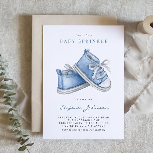 Watercolor Blue Baby Shoes Boy Baby Sprinkle Invitation