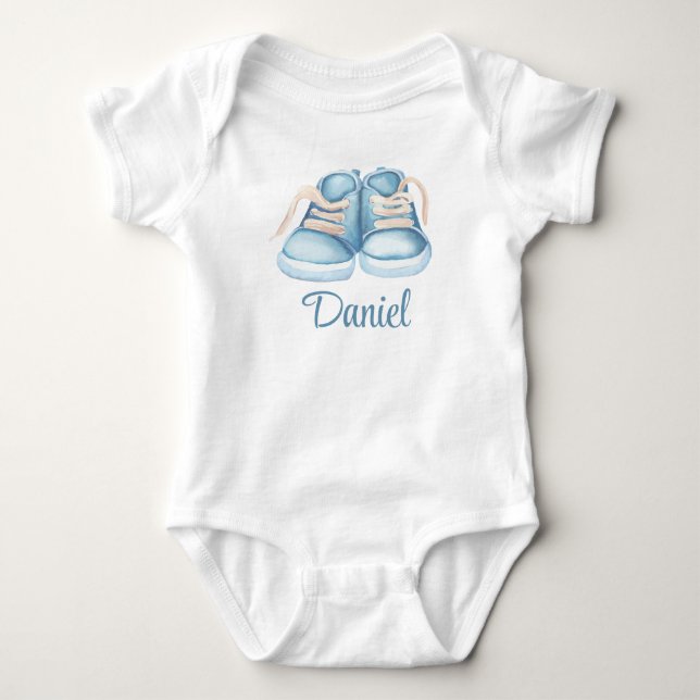 Watercolor Blue Baby Shoes Custom Name Baby Bodysuit (Front)