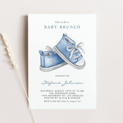 Watercolor Blue Baby Shoes Its a Boy Baby Brunch Invitation
