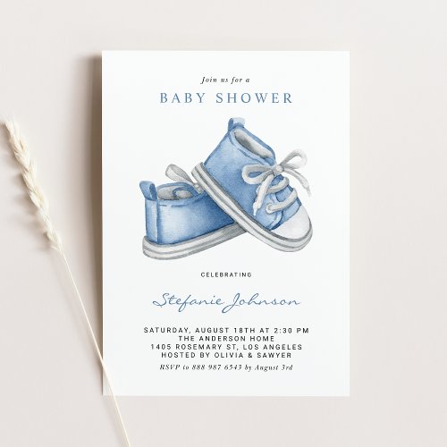 Watercolor Blue Baby Shoes Its a Boy Baby Shower Invitation