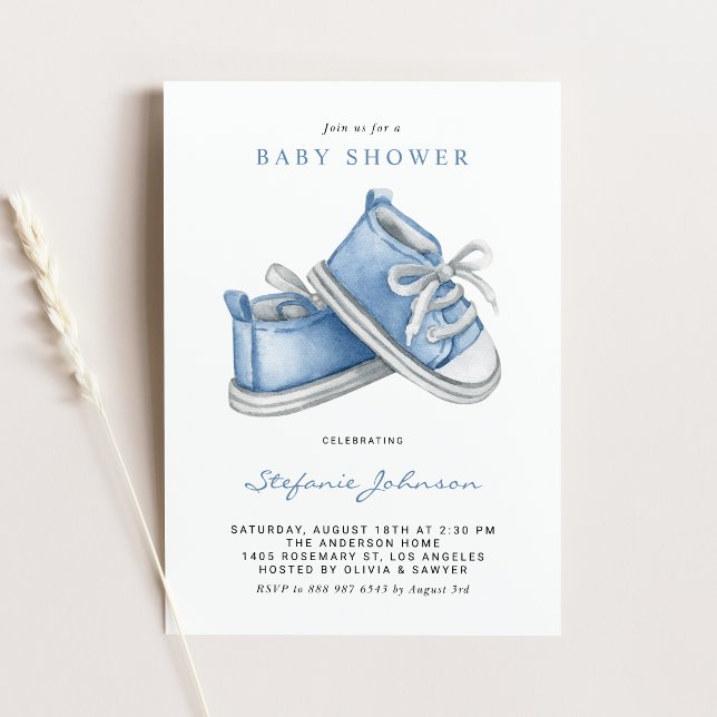Watercolor Blue Baby Shoes It's a Boy Baby Shower Invitation