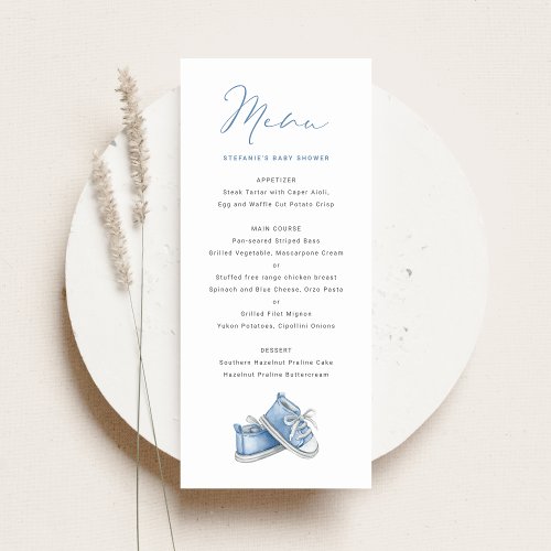 Watercolor Blue Baby Shoes Its a Boy Baby Shower Menu