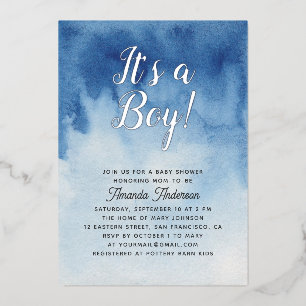 Watercolor blue baby shower. It's a boy gold Foil Invitation
