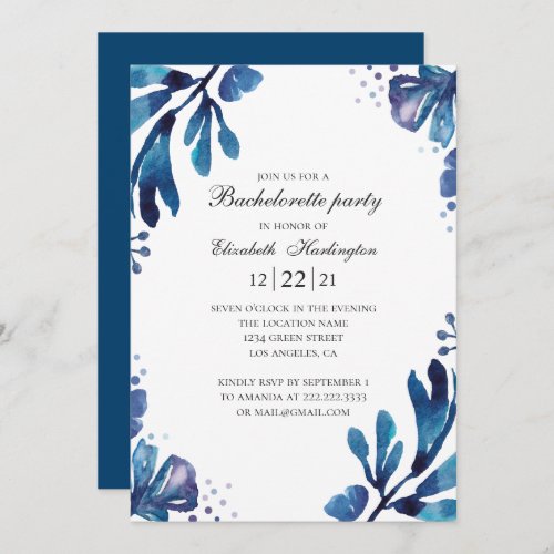 Watercolor blue bachelorette party Navy floral Invitation