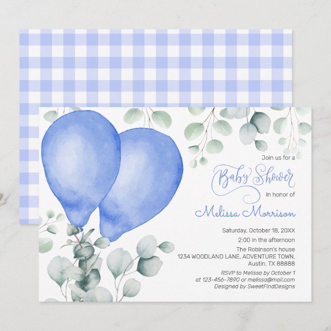 Watercolor Blue Ballons Cute Gingham Baby Shower Invitation (Front/Back)
