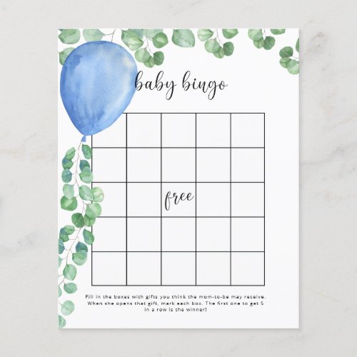 Watercolor blue balloon Baby shower bingo game