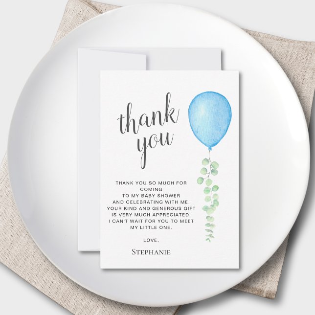 Watercolor Blue Balloon Baby Shower Thank You Card (Creator Uploaded)