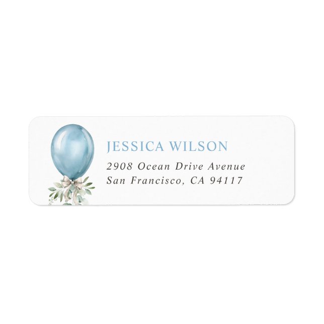 Watercolor Blue Balloon Bow Greenery Label (Front)