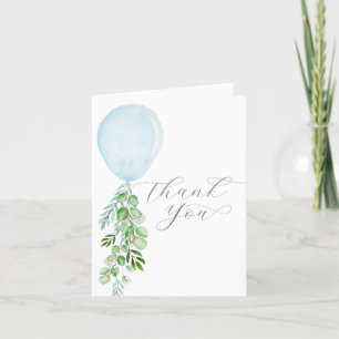Watercolor blue balloon eucalyptus greenery letterpress thank you card