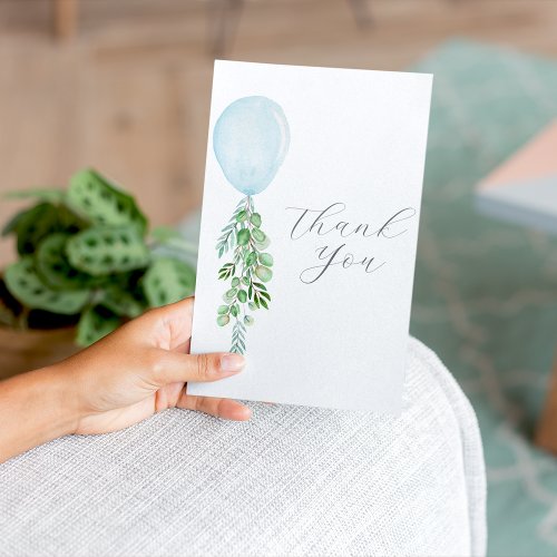 Watercolor blue balloon eucalyptus greenery thank you card