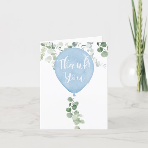 Watercolor blue balloon eucalyptus greenery thank you card