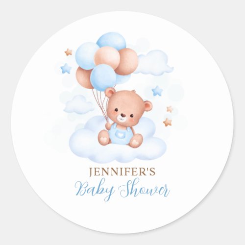 Watercolor Blue Balloon Teddy Bear Baby Shower Classic Round Sticker