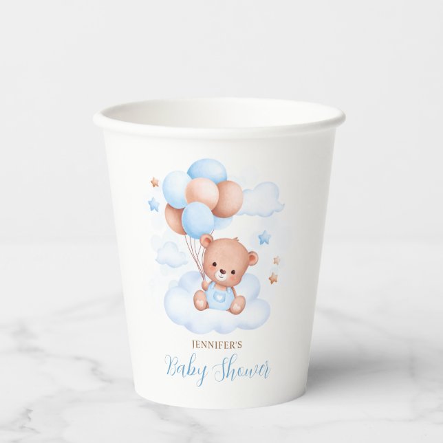 Watercolor Blue Balloons Teddy Bear Baby Shower Paper Cups (Front)