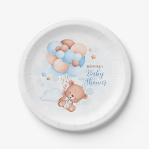 Watercolor Blue Balloons Teddy Bear Baby Shower Paper Plates
