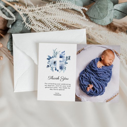 watercolor blue baptism photo thank you card