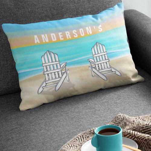 Watercolor Blue Beach Personalized  Lumbar Pillow