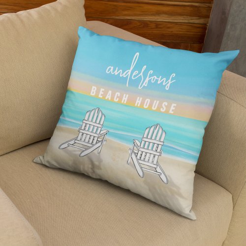 Watercolor Blue Beach Typography Personalized Throw Pillow