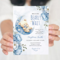 Watercolor Blue Bear Bearly Wait Baby Shower Invitation