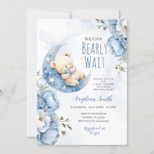 Watercolor Blue Bear Bearly Wait Baby Shower Invitation