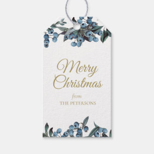 Watercolor Blue Berries Wreath Gold Letters Gift Tags
