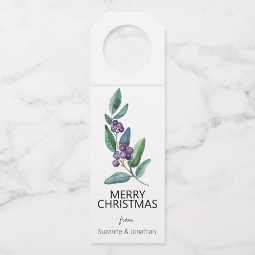 Watercolor Blue Berry Leaves Christmas Bottle Hanger Tag