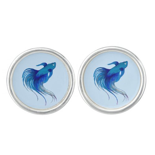 Watercolor Blue Betta Fish Cufflinks