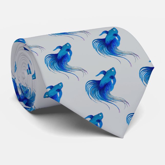 Watercolor Blue Betta Fish Neck Tie (Rolled)