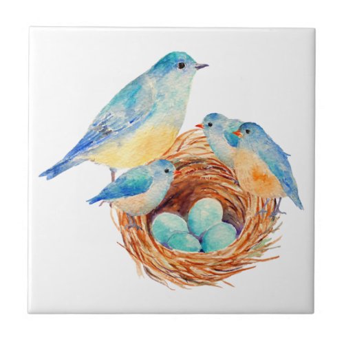 Watercolor Blue Bird Family Bird Nest Chicks Tile