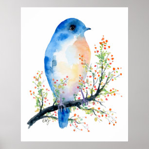 Watercolor Blue Bird on Berry Branch Poster
