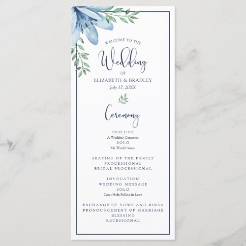 Watercolor Blue Bloom Floral Wedding Program