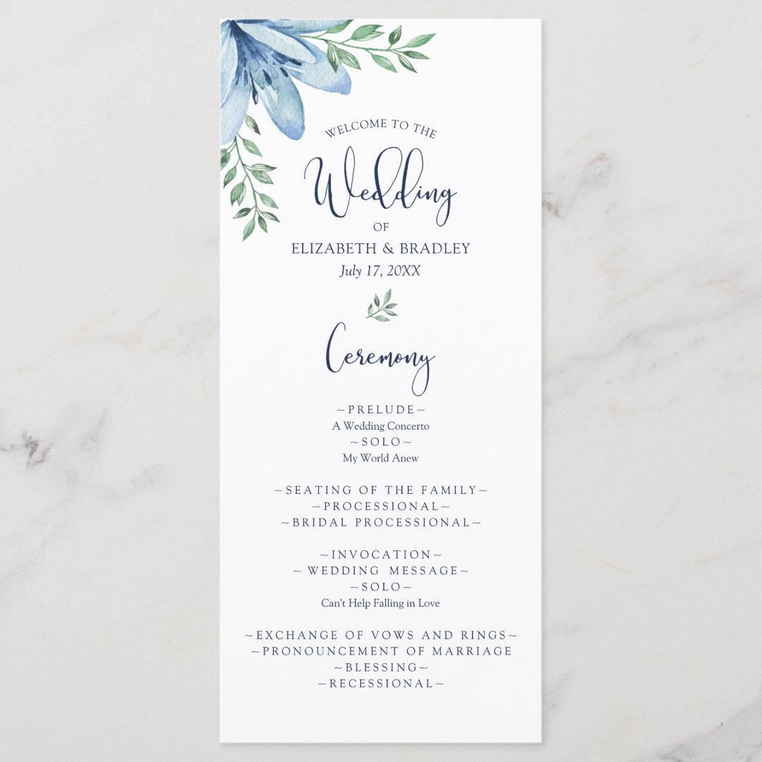 Watercolor Blue Blooms & Greenery Wedding Program | Zazzle