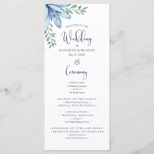 Watercolor Blue Blooms  Greenery Wedding Program
