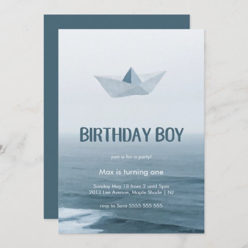 Watercolor Blue Boat Boy Birthday Party Invitation