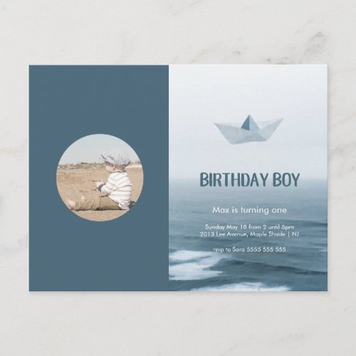 Watercolor Blue Boat Boy Birthday Party Invitation