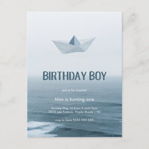 Watercolor Blue Boat Boy Birthday Party Invitation