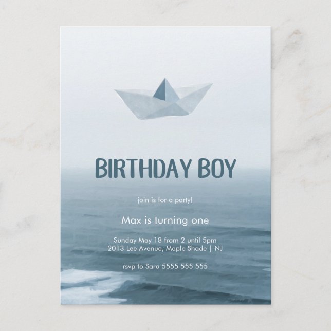 Watercolor Blue Boat Boy Birthday Party Invitation (Front)