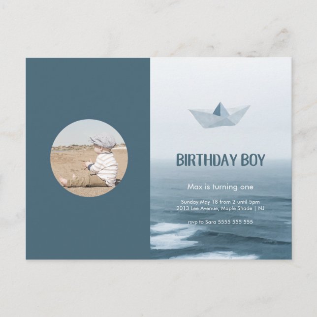 Watercolor Blue Boat Boy Birthday Party Invitation Postcard (Front)