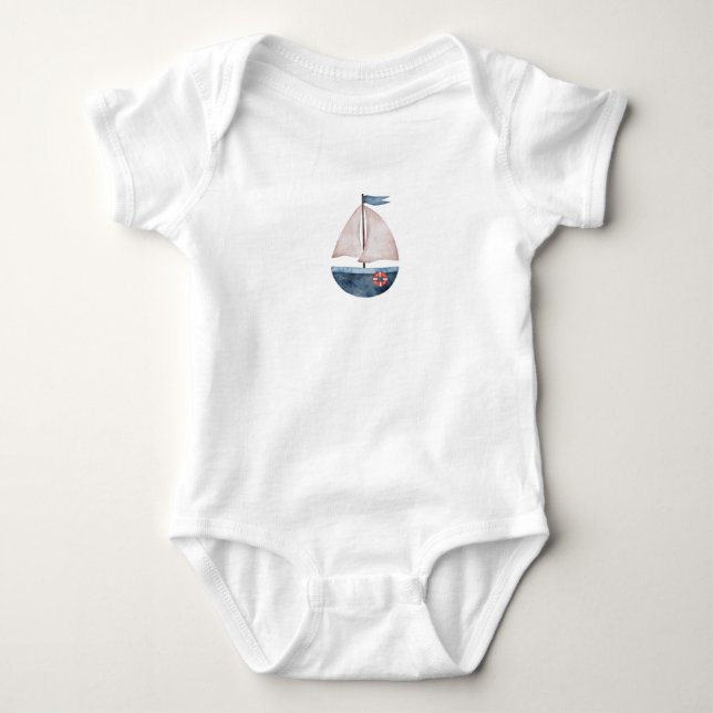 Watercolor Blue Boat T-Shirt Baby Bodysuit (Front)