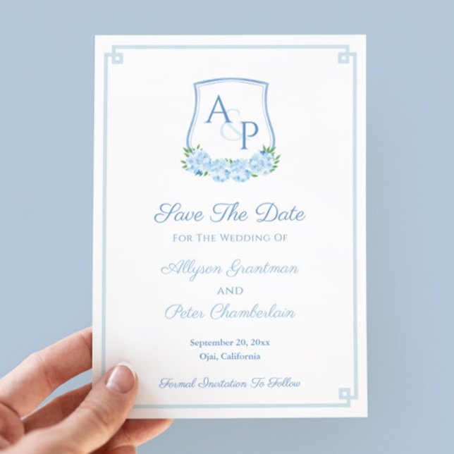 Watercolor Blue Botanical Monogram Wedding Crest Save The Date (Save The Date Card design featuring a watercolor blue hydrangea crest, greek key border and backer)