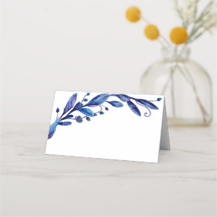 Watercolor blue botanical wedding. Floral foliage Place Card