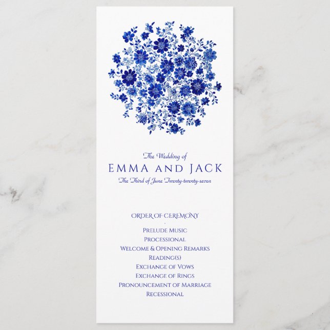 Watercolor Blue Bouquet Wedding Order of Ceremony Program (Front)