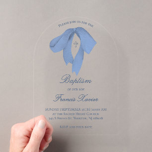 watercolor blue bow Baptism Acrylic Invitations