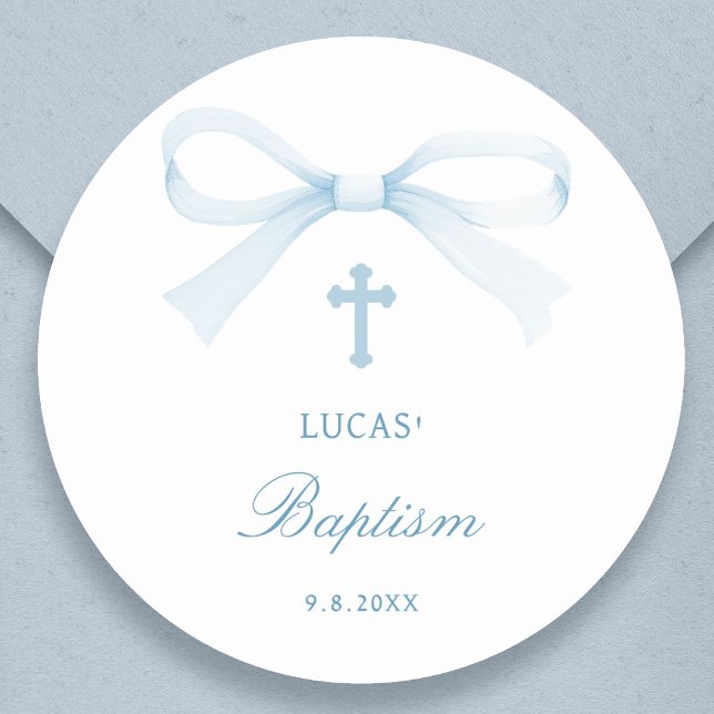 Watercolor Blue Bow Baptism Classic Round Sticker (Creator Uploaded)