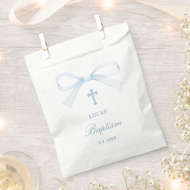 Watercolor Blue Bow Baptism Favor Bag (Clipped)