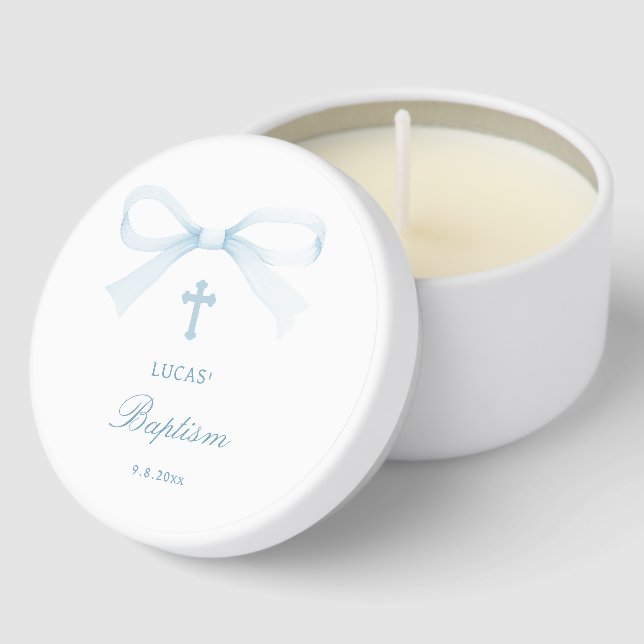 Watercolor Blue Bow Baptism Mini Candle Favors (Corner)