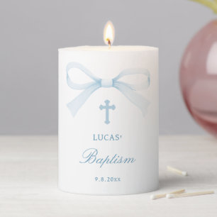 Watercolor Blue Bow Baptism Pillar Candle