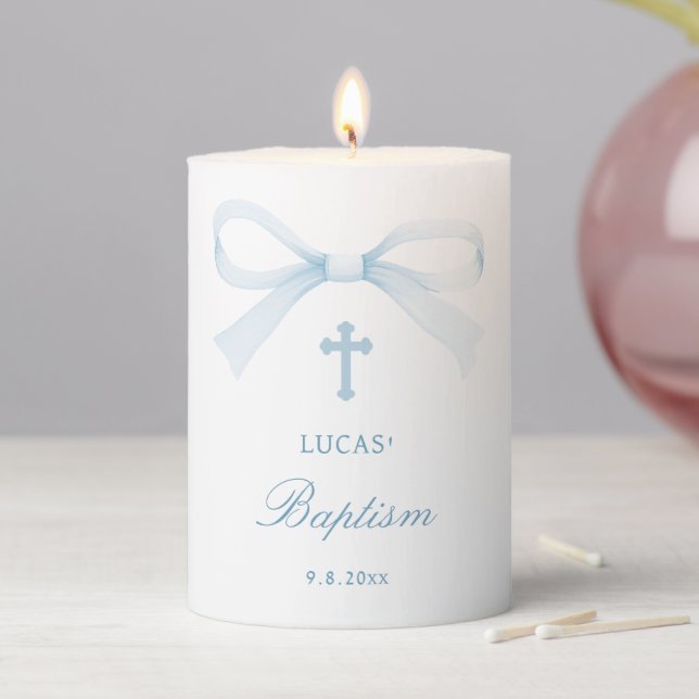 Watercolor Blue Bow Baptism Pillar Candle (In Situ)
