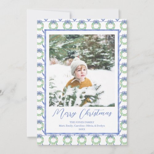 Watercolor Blue Bow Bells Vintage Christmas Photo Holiday Card