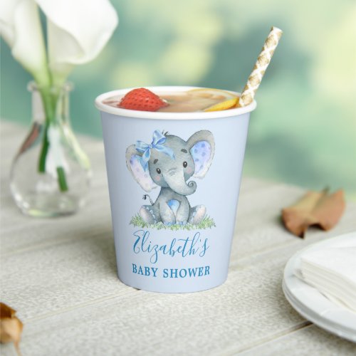 Watercolor Blue Bow Elephant Baby Shower Paper Cups