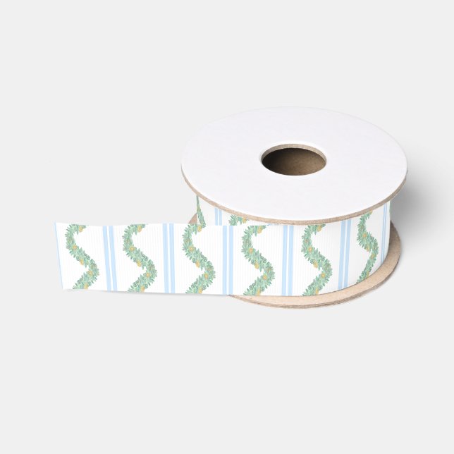 Watercolor Blue Bow Fruit Garland Christmas Grosgrain Ribbon (Spool)
